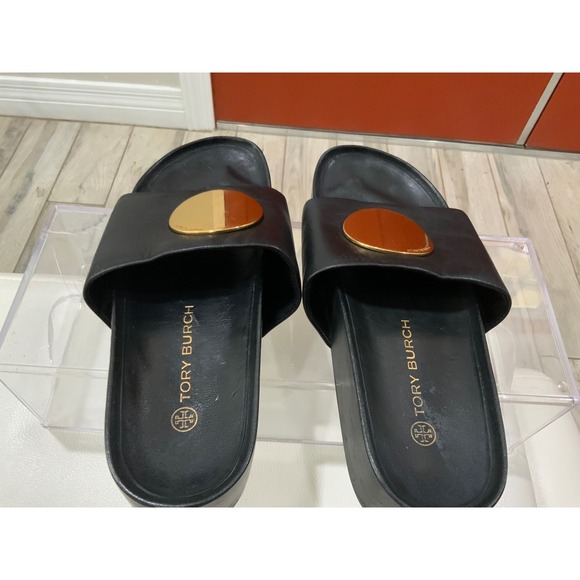 Tory Burch Black Leather Double T Logo Slides Sandals Women's Size - Picture 14 of 17